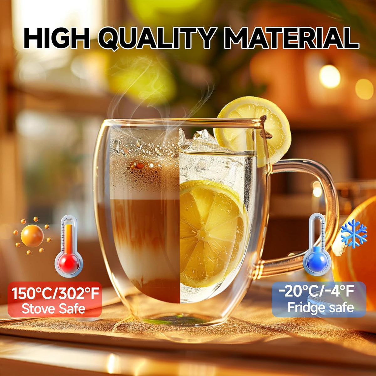8 Ounces Set of 4 Double Walled Glass Coffee Mugs with with Handle Insulated Layer Coffee Cups Borosilicate Glass Espresso Double Insulated Clear Glass Coffee Mug for Hot Beverages