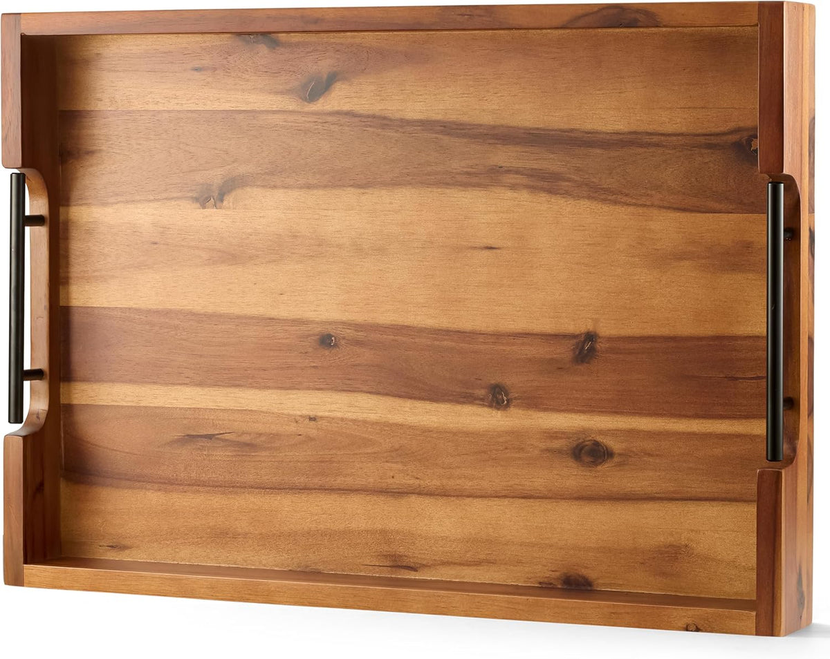 20 Inch Acacia Wood Ottoman Tray with Metal Handle - Wooden Square Serving Tray - Extra Large Food Trays for Decorative, Coffee Table, Breakfast in Bed - Charcuterie Trays Use for Kitchen
