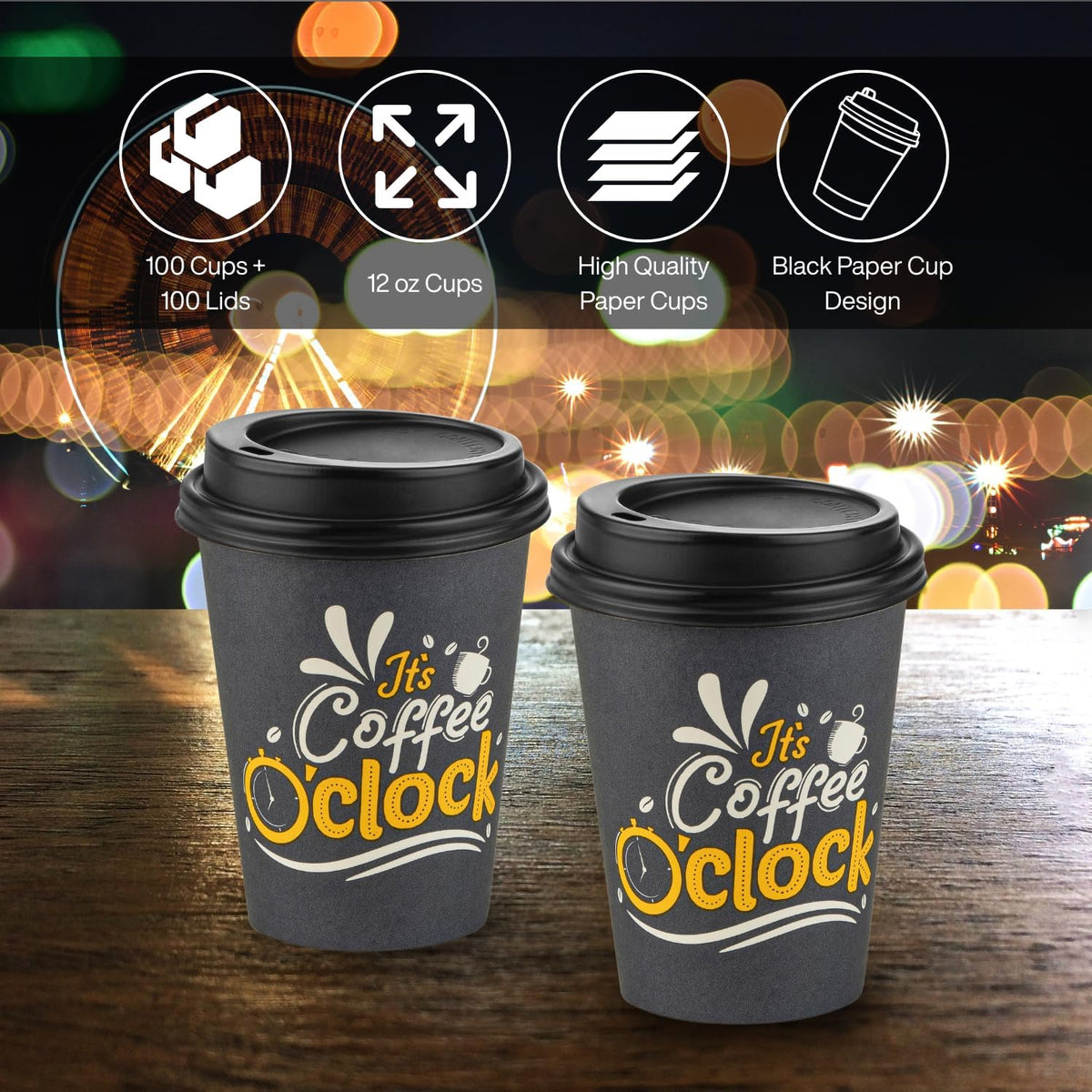 Smygoods Disposable Coffee Cups with Lids, To Go Paper Hot Cups, Coffee O'Clock Design (12 OZ, 100 Count) For Hot Beverages, Coffee, Tea, Espresso, Cocoa - Vasos Para Cafe