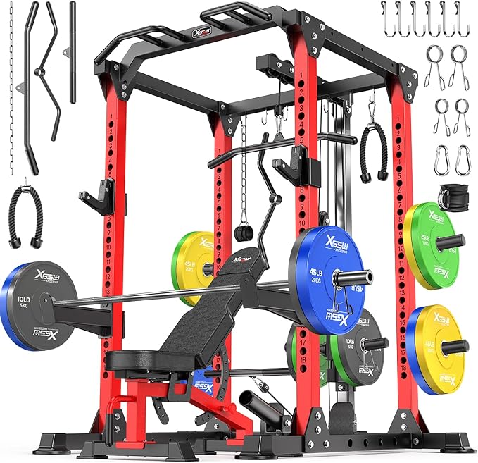 Power Cage Multi-Function Power Rack with Cable Crossover System,1800 LBS Capacity Squat Rack with Weight Bench,for Home Gym