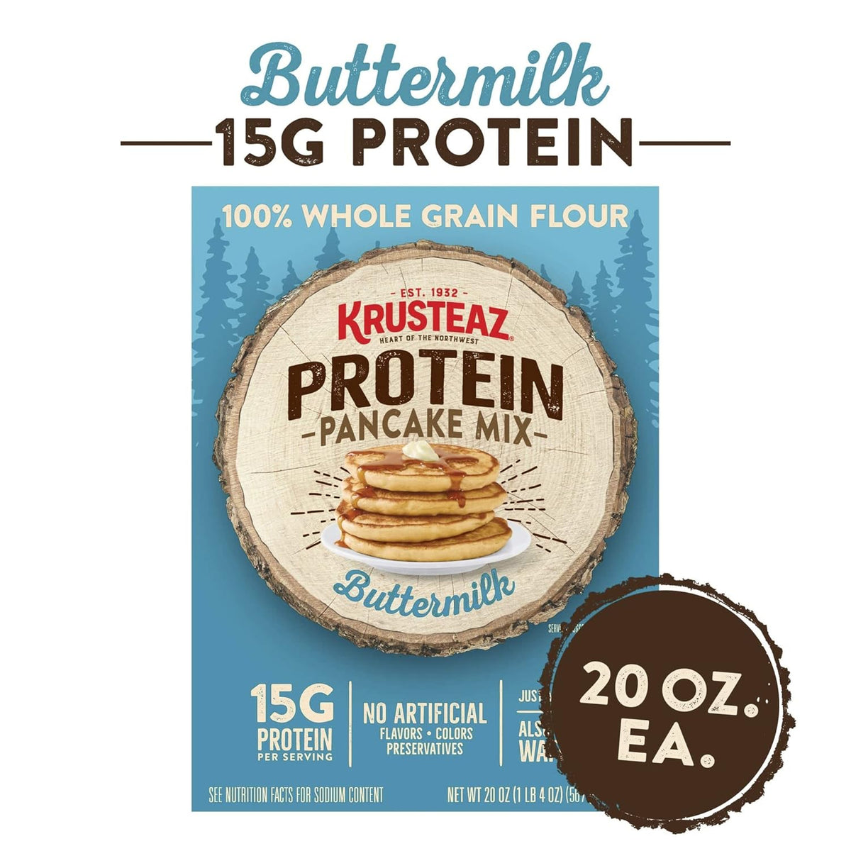 Krusteaz Protein Pancake Mix, Buttermilk Pancake Mix, 100% Whole Grain Flour & 15g of Protein Per Serving, Also Makes Waffles, Just Add Water (1.25 Pound (Pack of 2))