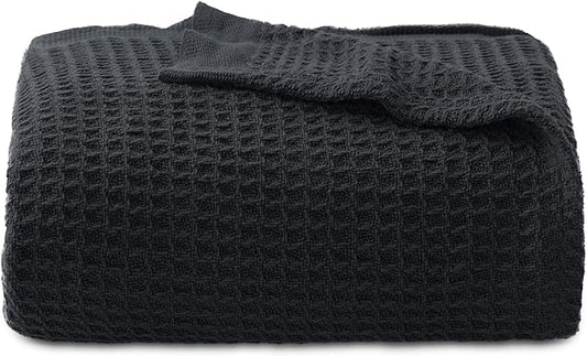 Bedsure 100% Cotton Blanket Twin XL Size for College Dorm - Breathable and Soft, Waffle Weave Twin Blanket for Summer, Dorm Room Essentials, Black, 66x90 inches