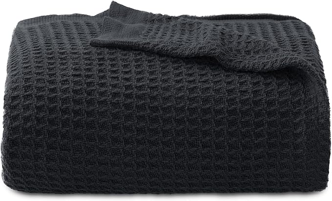 Bedsure 100% Cotton Large Throw Blanket for Couch 50x70 inches - Breathable and Soft, Waffle Weave Throw Blanket for Office, Black