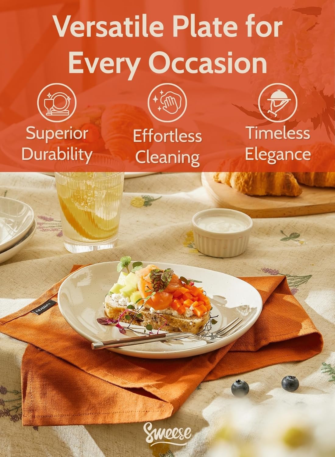 Sweese 7.8" Porcelain Dessert Plates, Beige, Set of 6 - Scratch-Resistant, Microwave Oven Safe Appetizer Plates