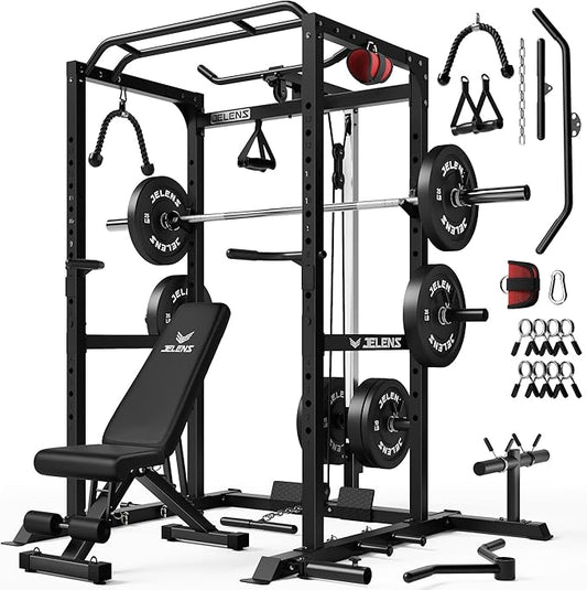 S21 Power Cage, Multi-Function Power Rack with Adjustable Cable Crossover System, 2000LBS Squat Rack for Home Gym with More Training Attachments