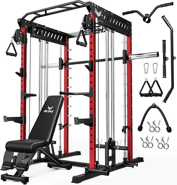 M21 Smith Machine, Multi-Function Power Cage with Dual Pulley Cable Crossover System, 2000LBS All-in-One Squat Rack with Smith Bar and Attachments
