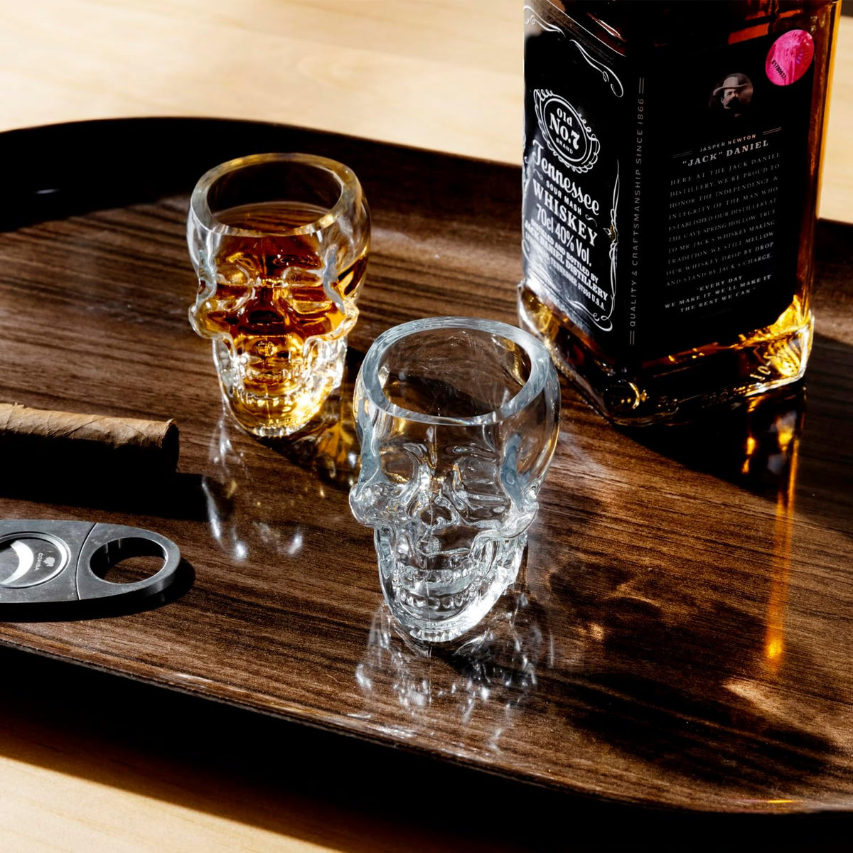 MyGift Set of 6 Skull Shot Glasses – 2.8 oz Clear Glass Novelty Drinkware for Halloween Parties, Cocktail Bars & Home Decor – Spooky 3D Skull Design