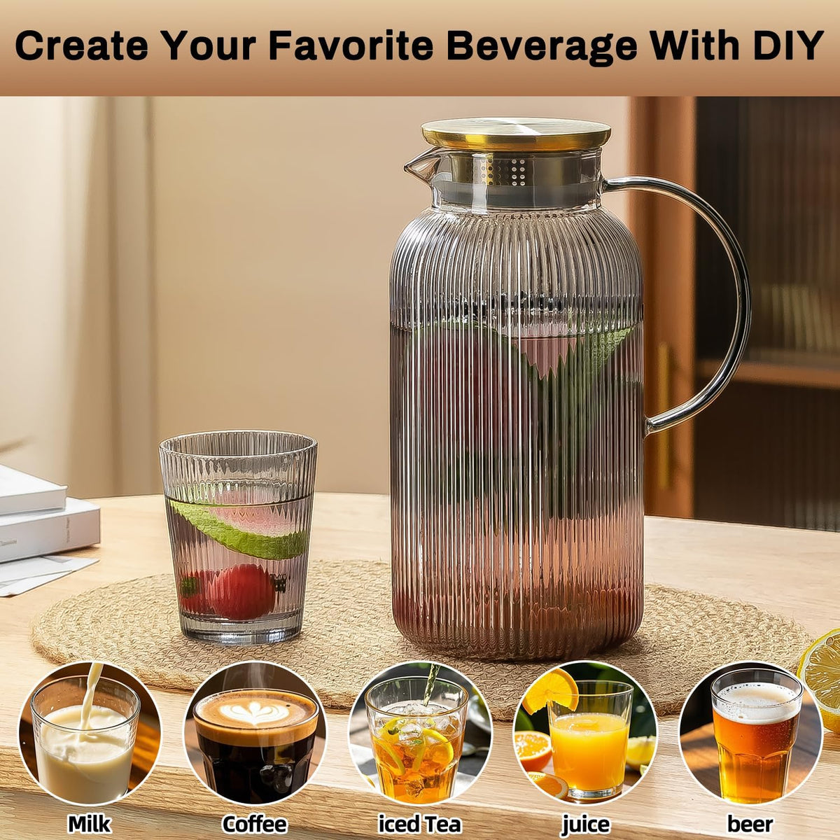 2 PACK Glass Pitcher with Lid, 68 oz/ 2 Liter Gray Classic Vertical Stripes Water Pitcher,Glass Water Carafe for Cold Brew, Coffee, Lemonade, Iced Tea,Beverage, Heat Resistant Water Glass Jug