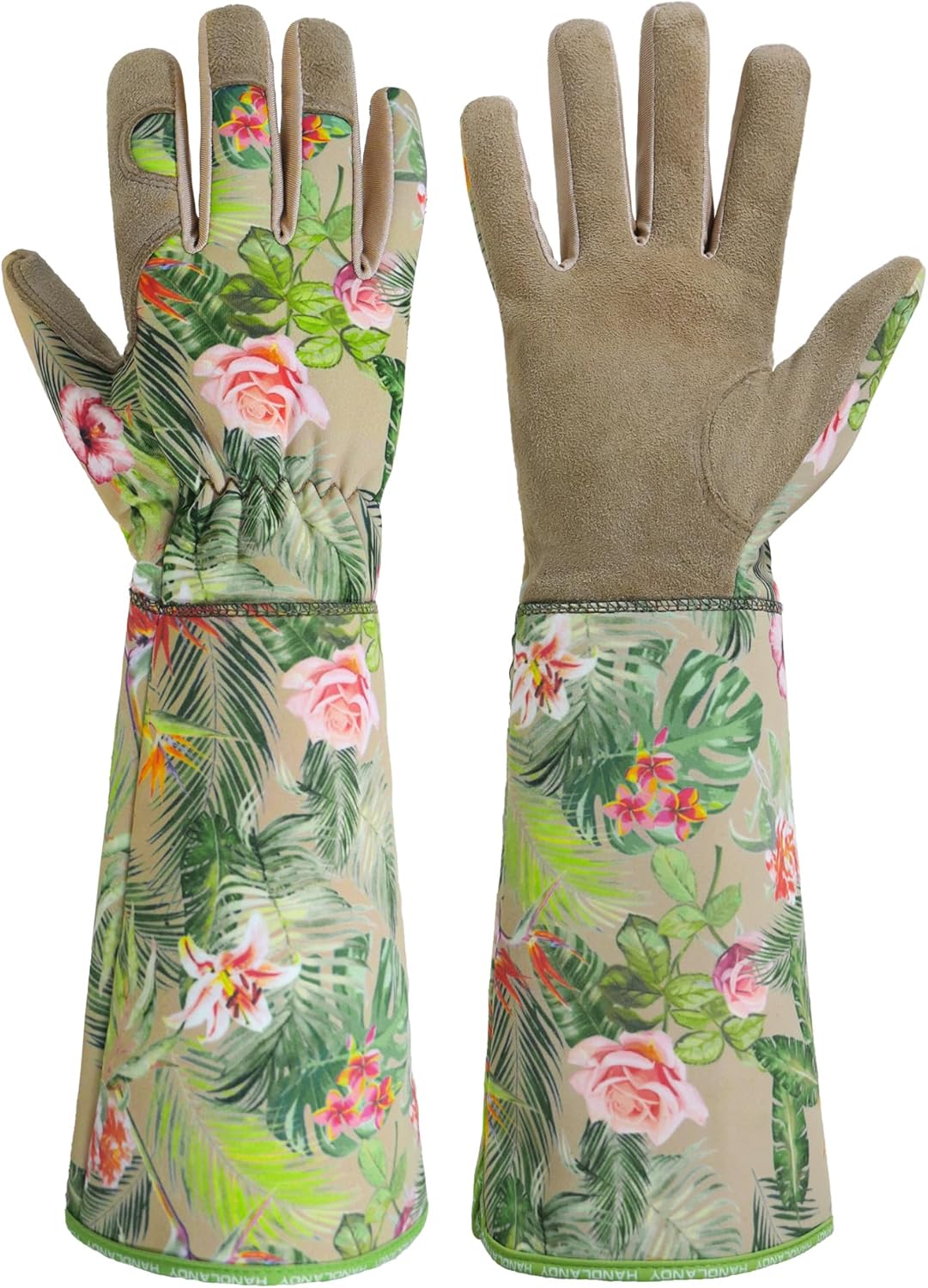 HANDLANDY Leather Gardening Gloves for Women, Scratch Resistant Breathable Ladies Rose Pruning Garden Gauntlet Yard Gloves, Gift for Gardeners (Khaki, L)