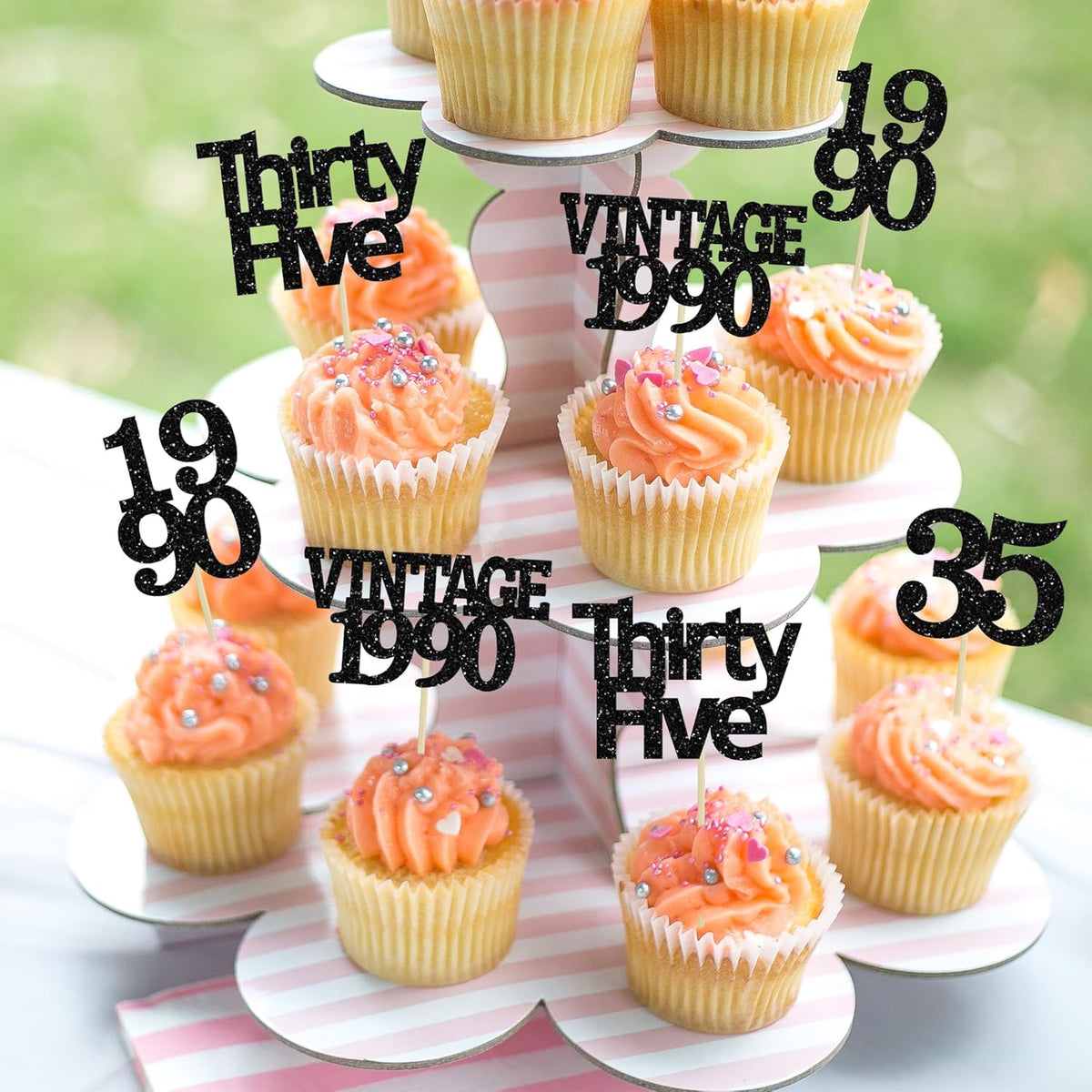 Gyufise 24Pcs Vintage 1990 Cupcake Toppers Glitter Cheers to 35 Fabulous Thirty Five Cupcake Picks 35th Birthday Wedding Anniversary Party Cake Decorations Supplies Black