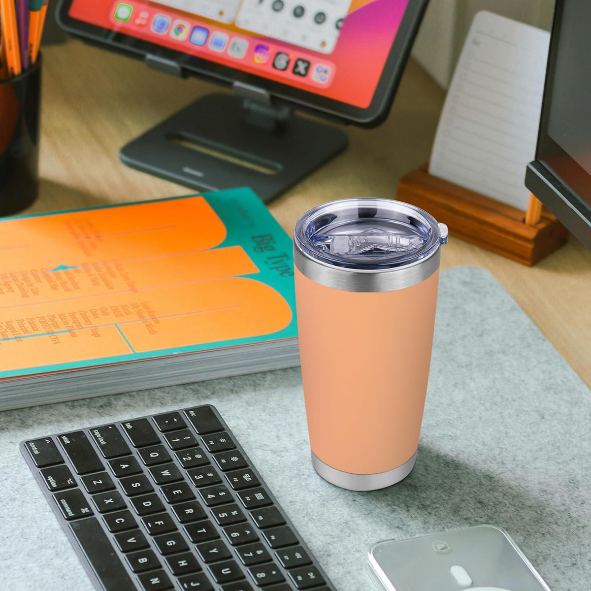 20 oz Tumbler Stainless Steel Tumblers Bulk with Lid Double Wall Insulated Coffee Tumbler Cups for Hot & Cold Drinks Powder Coated Travel Coffee Tumbler Mug Metal (Cream Orange, 6 pack)