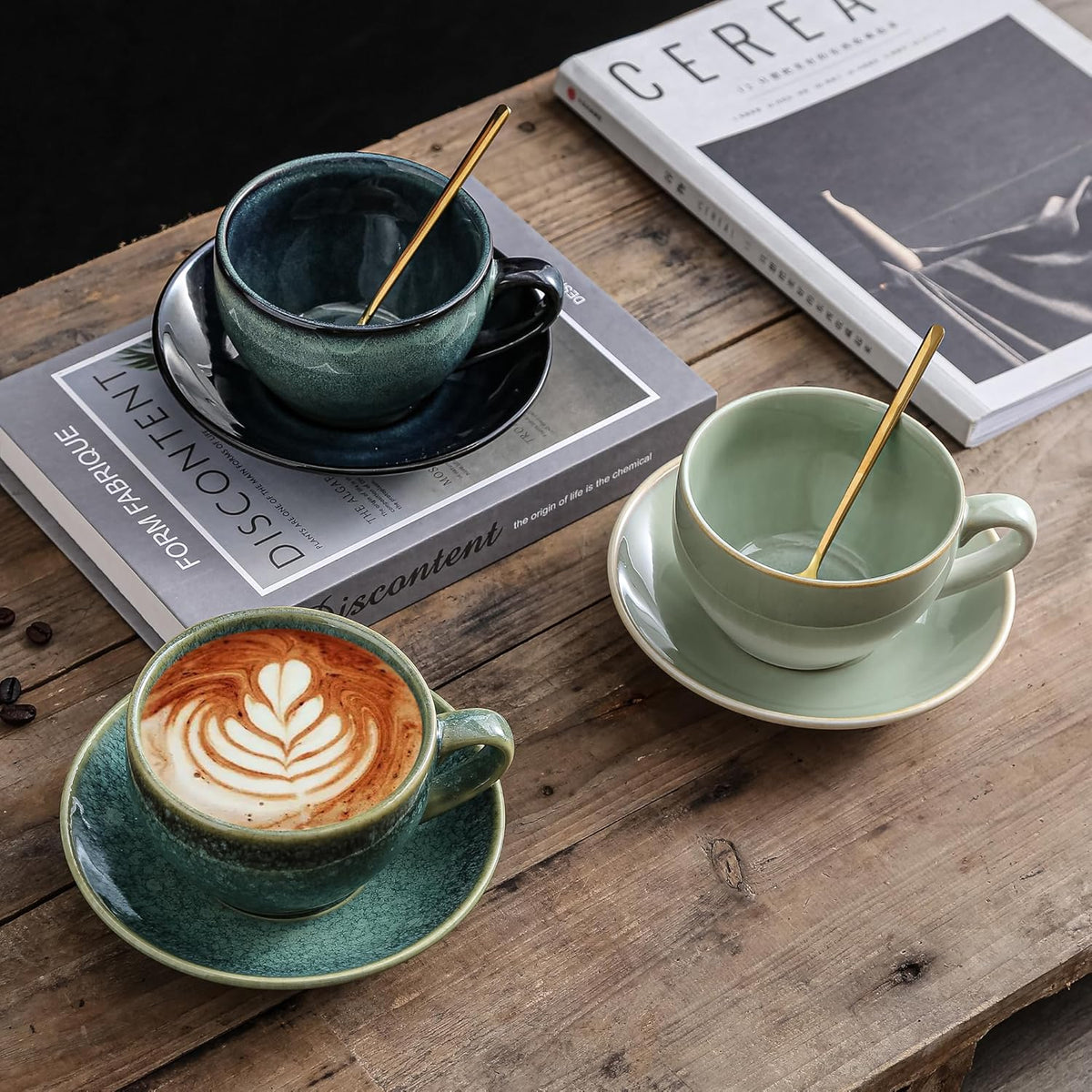 Porcelain Coffee Cup with Saucer Spoon, Vintage Design Ceramic Latte Art Cappuccino Barista Espresso Tea Cup with Saucer (11.6 oz, 350ml, Crystal Green)