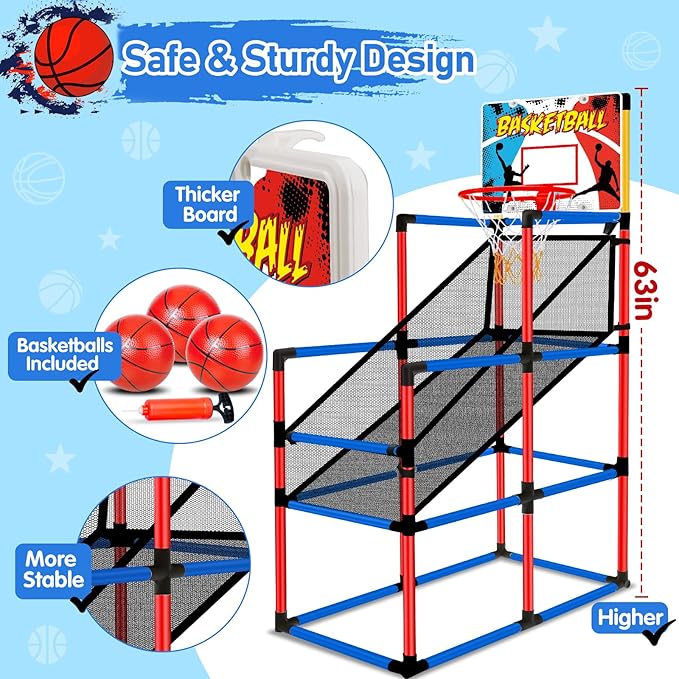 63" Arcade Basketball Game Set with 3 Balls Kids Basketball Hoop 3 to 12 Years Old Indoor Outdoor Sports Play - Easy Set Up - Carnival Basketball Toys Ages 3 4 5-7 8-12 Year Old Boys Birthday Gift