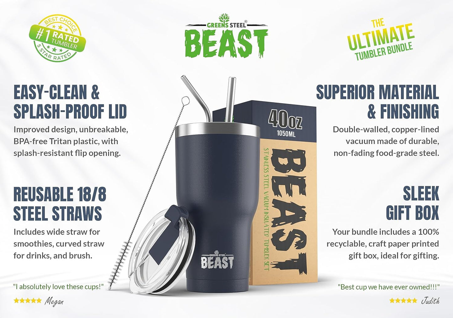 Beast 40 oz Tumbler Stainless Steel Vacuum Insulated Coffee Ice Cup Double Wall Travel Flask (Navy Blue)