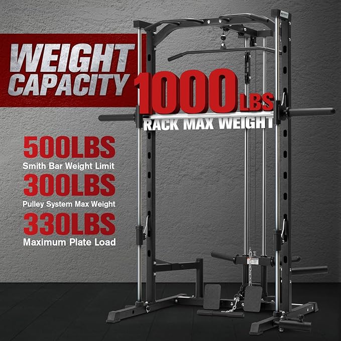 RitFit Smith Machine Power Rack with LAT-Pull Down System, Landmine, Barbell Bar, Plate Storage Pegs and More Training Attachment