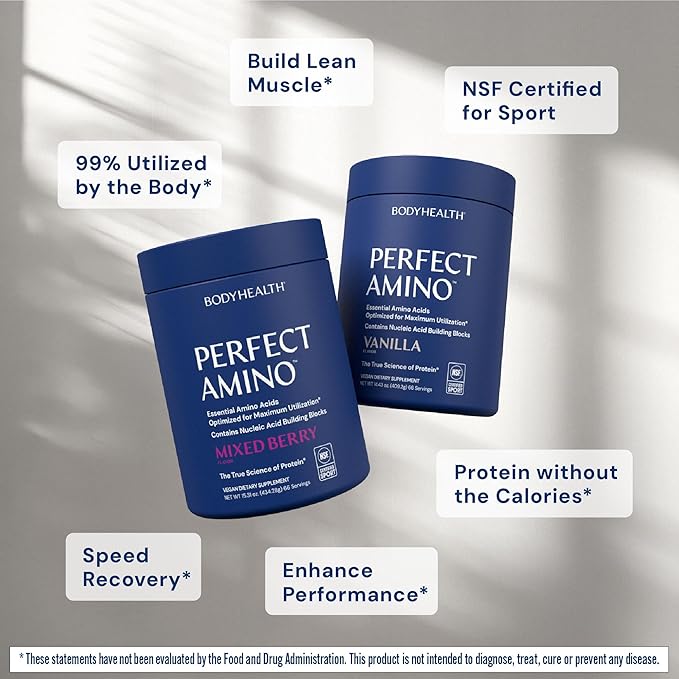 BodyHealth PerfectAmino Powder - BCAA and EAA Powder for Pre and Post Workout - Amino Acid Energy Drink to Support Lean Muscle and Recovery - NSF Certified for Sport - Vanilla - 66 Servings