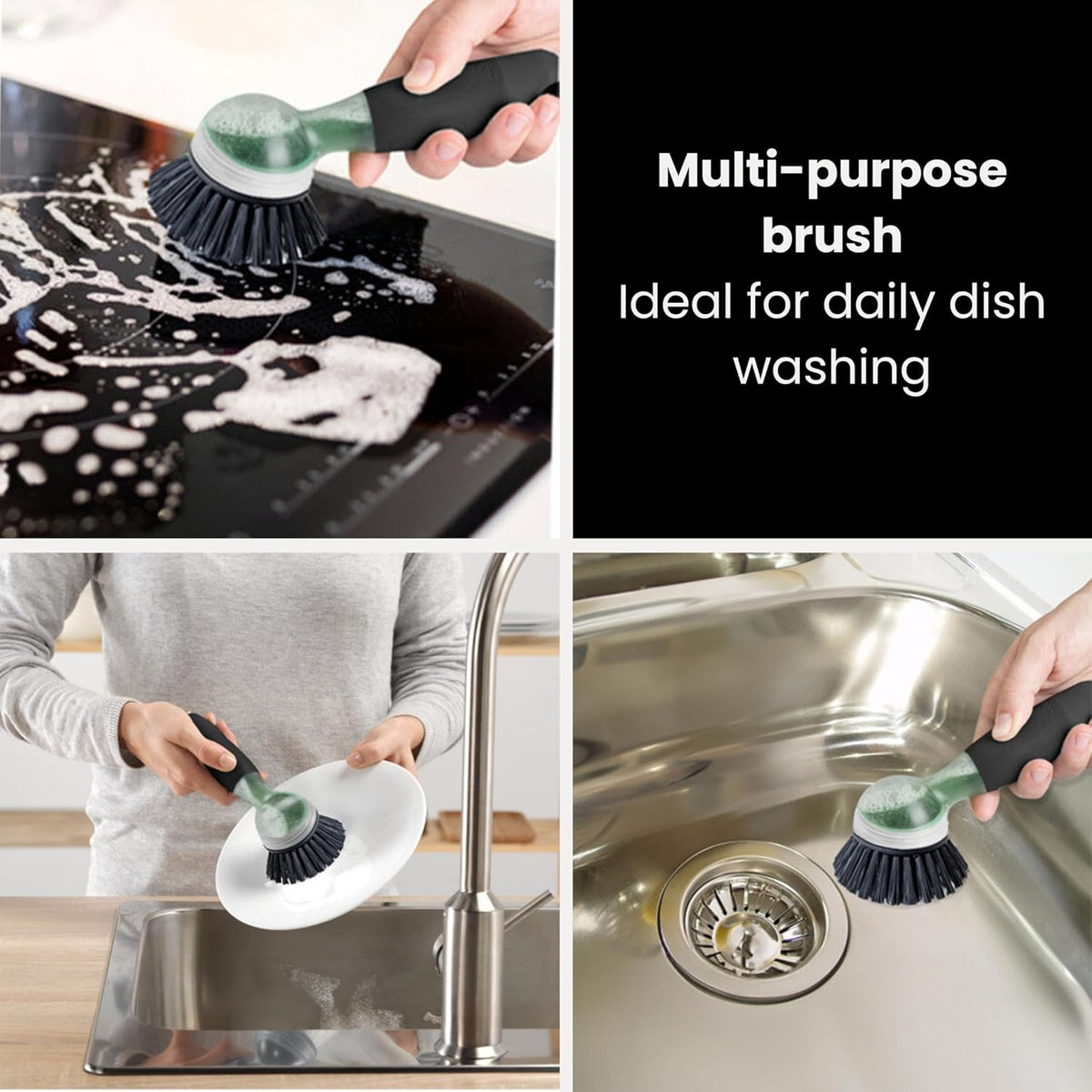 Vigar Rengo Soap Dispensing Dish Brush, Dish Brush with Soap Dispenser for Pot Scrubber, Dishes, Sink Cleaner, and Kitchen Essentials, Black