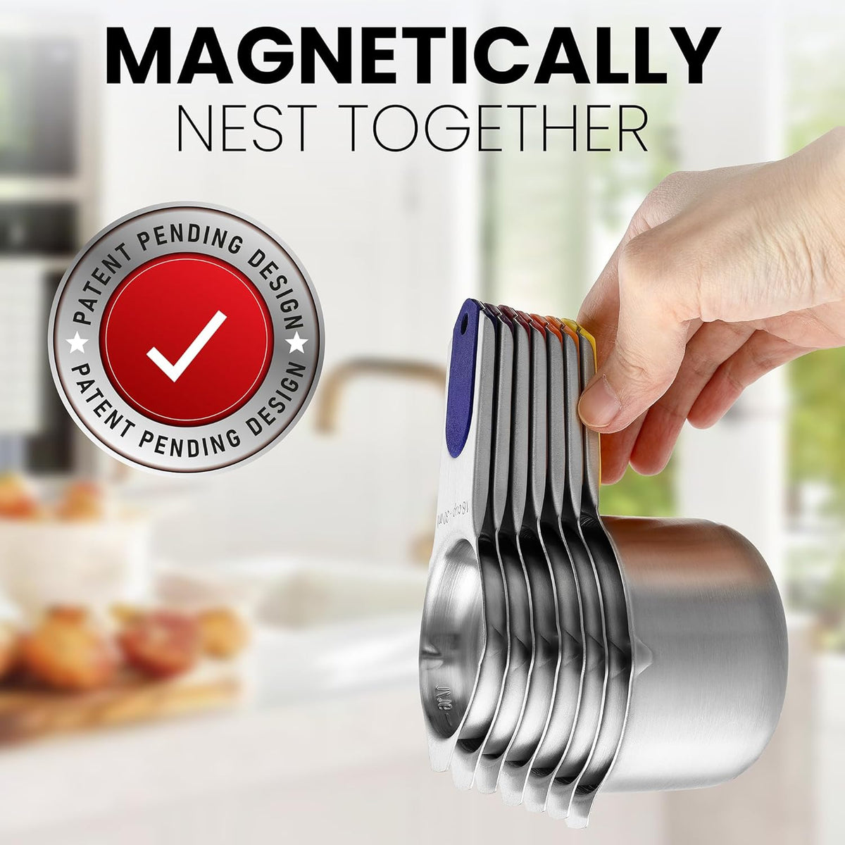 Spring Chef Magnetic Stainless Steel Measuring Cups (Patent Pending), Kitchen Tools with Easy to Read Markings for Measuring Dry or Liquid Ingredients, Set of 7, Mountain Sunrise