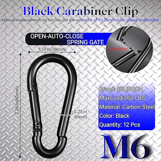 2.36" Spring Snap Hook Carabiners, 12 Pcs Galvanized Steel Black Small Carabiner Clip, Keychain Clip, Quick Link Key Chain for Hammock Swing Set Outdoor Travel, Camping, Fishing, Hiking