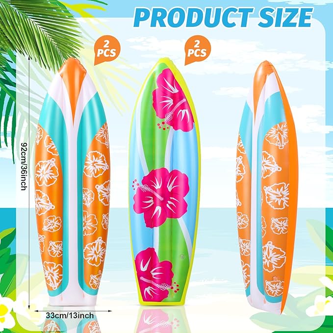 4 Pcs 36 Inch Inflatable Surf Board Inflatable Luau Party Decorations Blow up Surfboard (Flower Style)