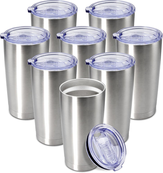 20 oz Tumbler Coffee Tavel Tumblers Bulk with Lid Stainless Steel Double Wall Vacuum Insulated Mug Powder Coated Cups fit Car Cupholder for Hot and Cold - Stainless Steel, 8Pack