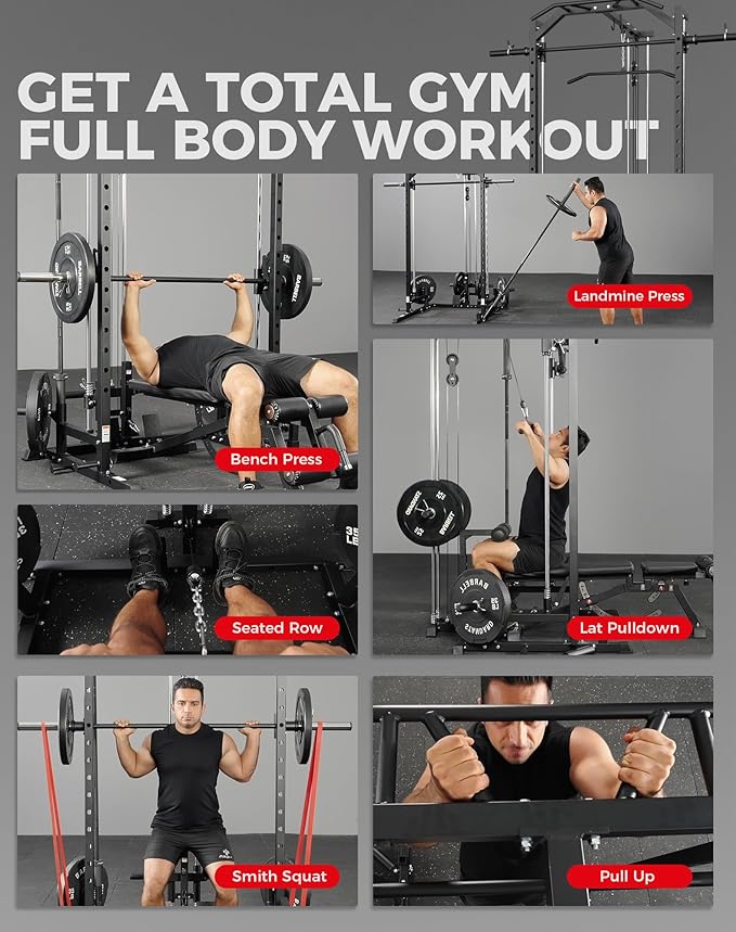 Mikolo Smith Machine Home Gym Power Cage (1:1 Ratio Strength Trainer) (Space Saving Design) (with 8 Free Attachments) Squat Rack for Full Body Training