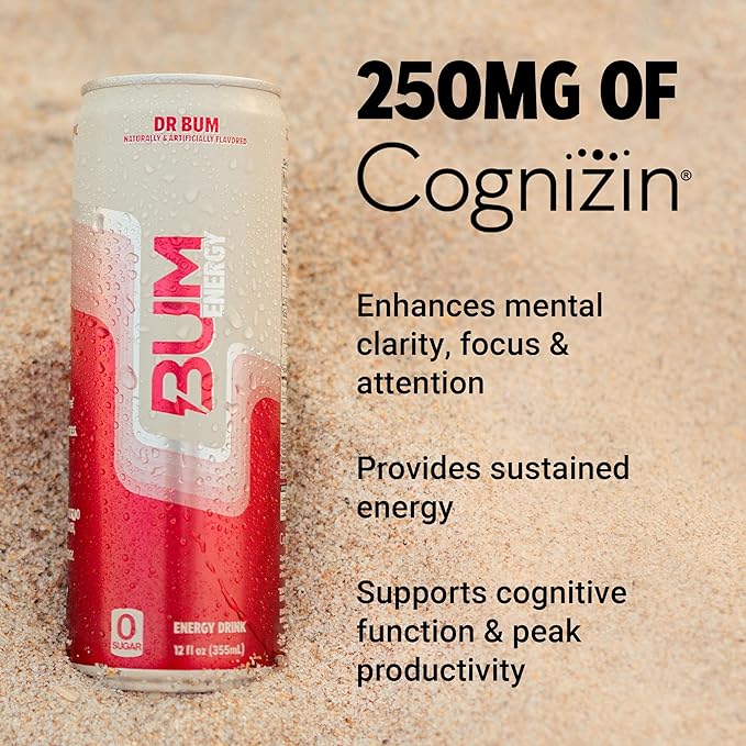 BUM Sugar-Free Energy Drink, Dr BUM - Lightly Carbonated & No Artificial Colors, Natural Caffeine & Citicoline for Energy & Focus, Brain Boost & Workout Sports Beverage - 12 oz, 12-Pack