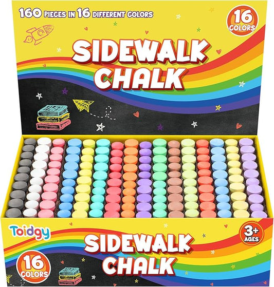 160 PCS Washable Sidewalk Chalks Set for Kids, 16 Colors Non-Toxic Jumbo Sidewalk Chalk Bulk for Outdoor Art Play, Painting on Chalkboard, Blackboard and Playground, Kids Outdoor Toys