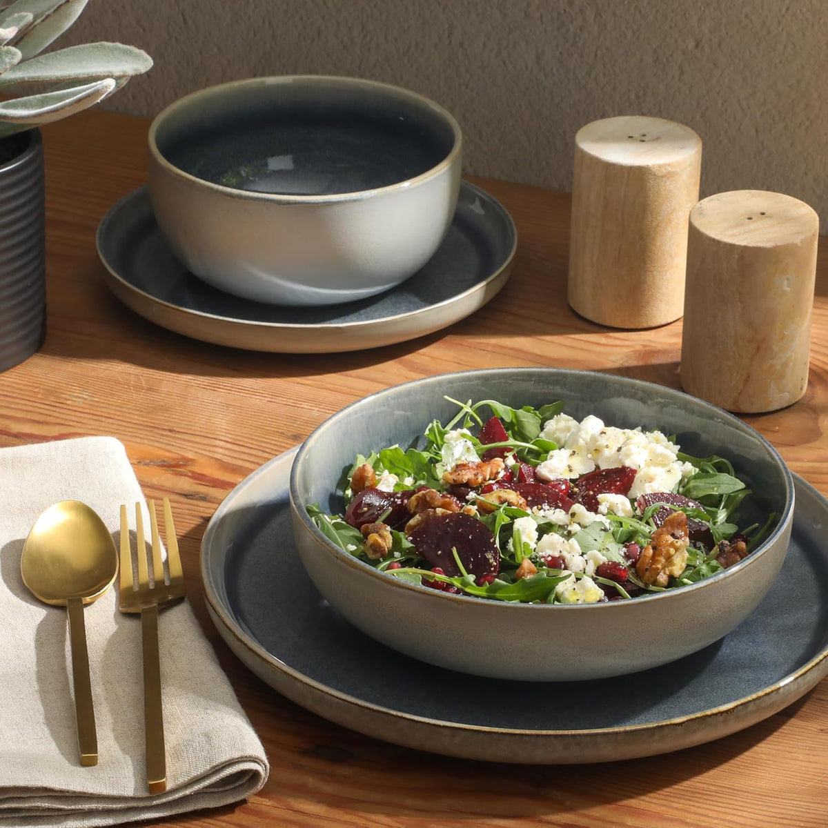 Gibson Elite Sunveil 16 Piece (Service for 4) Plates and Bowls Reactive Glaze Round Dishes Stoneware Ceramic Dinnerware Set -Blue