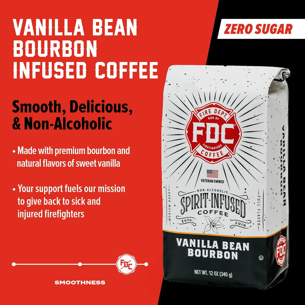 Fire Department Coffee - Vanilla Bourbon Coffee - Gives Back to Firefighters - Vanilla Bean Bourbon Infused - Ground Medium Roast - Non-Alcoholic - Roasted in the USA - Veteran Owned - 12 oz