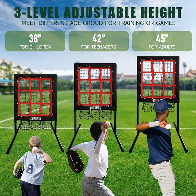 9 Hole Pitching Net, Heavy-Duty Baseball Net with Strike Zone for Pitching and Hitting, Height Adjustable Training Equipment with 9 Pocket Pitching Target for Baseball & Softball Practice