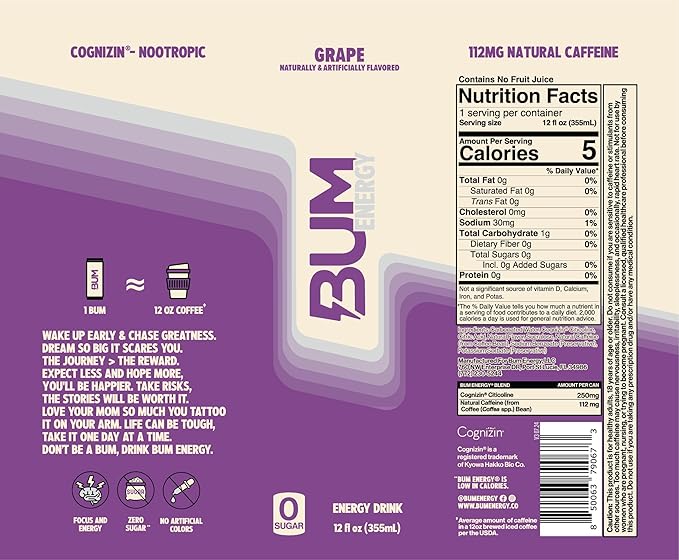 BUM Sugar-Free Energy Drink, Variety Pack - Lightly Carbonated & No Artificial Colors, Natural Caffeine & Citicoline for Energy & Focus, Brain Boost & Workout Sports Beverage - 12 oz, Pack of 12