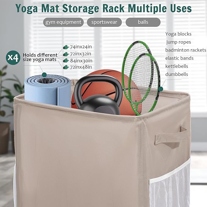 Yoga Mat Storage Racks, Home Gym Storage Rack with Wheels, Yoga Mat Holder Side 2 Mesh Pockets, Yoga Storage Basket Holds 4 Yoga Mats, 2 Foam Rollers, 6 Resistance Bands
