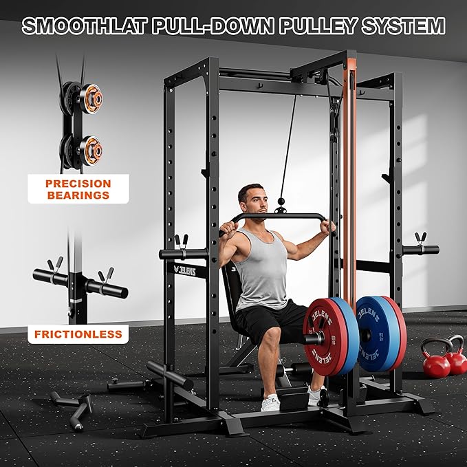 S21 Power Cage, Multi-Function Power Rack with Adjustable Cable Crossover System, 2000LBS Squat Rack for Home Gym with More Training Attachments