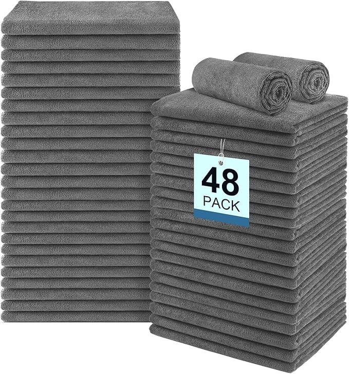 48 Pack Gym Towels Set - Highly Absorbent and Quick Drying Microfiber Salon Towels, Premium Hand Cloths for Bathroom, Gym, Shower, Hotel, and Spa - 16x27 inch (Grey)