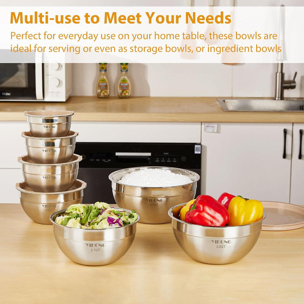 YIHONG 7 Piece Metal Mixing Bowls with Lids for Kitchen, Stainless Steel Set Ideal for Baking, Prepping, Cooking and Serving Food, Nesting Design for Space Saving Storage (Khaki)
