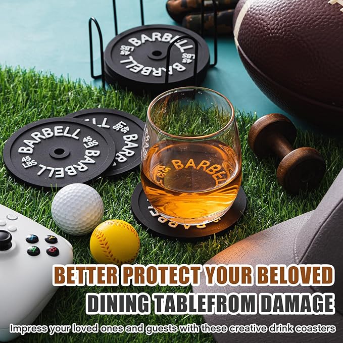 8 Pcs Barbell Bumper Plate Cool Coasters Round Silicone Coasters Weight Plate Coaster with Rack Holder for Gym Lovers Gym Accessories(Black)