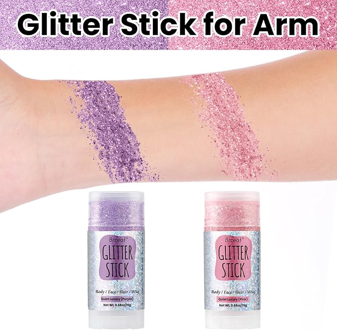 Brzeaf Pink Glitter Stick, Not Greasy & Long Lasting, Chunky Glitter for Face/Body/Hair/Eyes/Lip, Singer Concert Music Rave Halloween Festival, Glitter Stick Makeup & Face Glitter Gel for Women Men