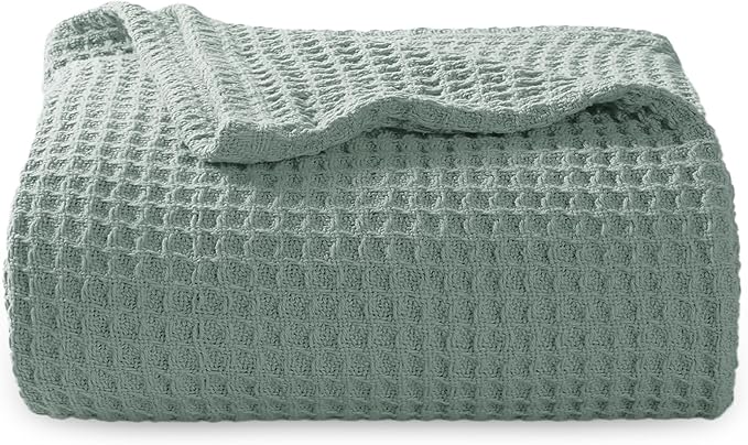 Bedsure 100% Cotton Blanket Twin XL Size for College Dorm - Breathable and Soft, Waffle Weave Twin Blanket for Summer, Dorm Room Essentials, Sage Green, 66x90 inches