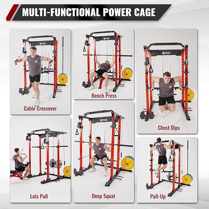 MAJOR FITNESS PLM03 Power Rack - 1400LBS Home Gym with Cable Crossover, Pull-Up Bar & Landmine, Strength Training Equipment