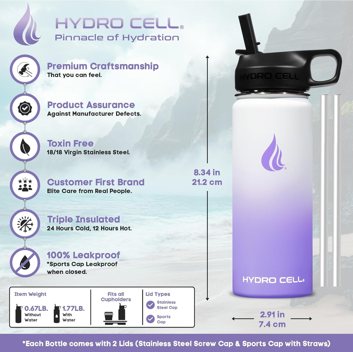 HYDRO CELL Stainless Steel Insulated Water Bottle with Straw - For Cold & Hot Drinks - Metal Vacuum Flask with Screw Cap and Modern Leakproof Sport Thermos for Adults (Lavender/White 18oz)