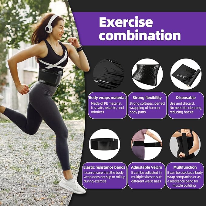 4 Rolls 60 Meters Black Osmotic Plastic Body Wrap Exercise & Fitness Sweat Enhancer Anti-Shedding Yoga Training Band Set, DIY Sauna Wrap Pilates Workout