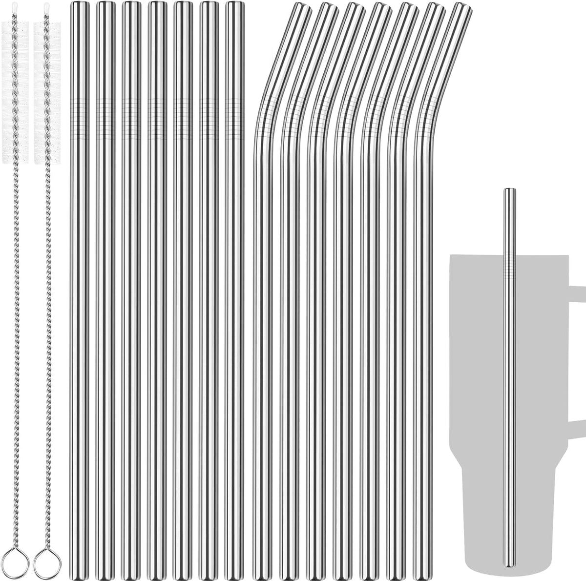 Tomorotec 40oz Straws, 14PCS Stainless Steel Replacement Straws for Stanley 40oz Adventure Quencher Travel Tumblers with Cleaning Brushes 2PCS, Food-Grade, Dishwasher Safe for Smoothies (Silver)