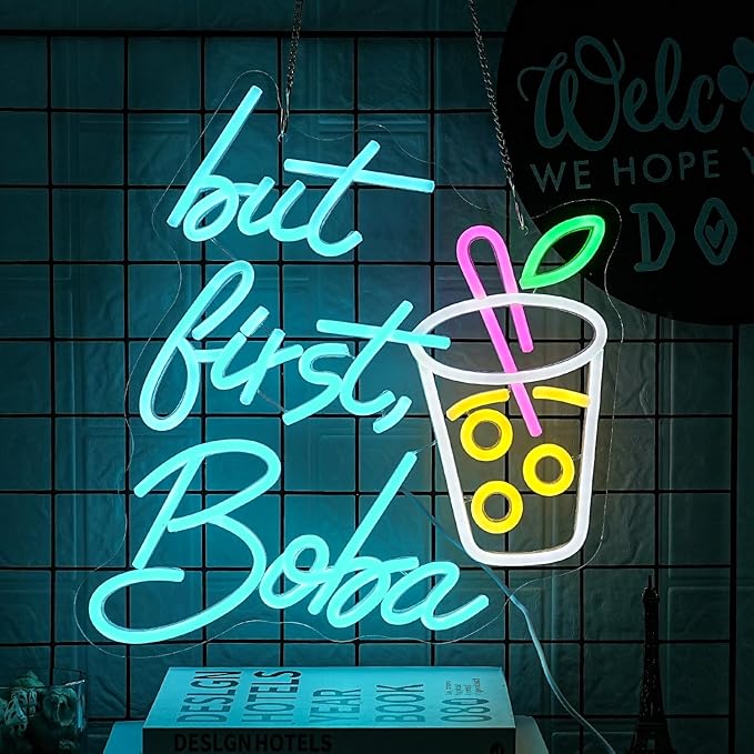 But First Boba Neon Sign Bubble Tea with Cup Neon Sign for Wall Decor Milk Tea Neon Lights Dimmable LED Neon Light Signs for Restaurant Coffee Dessert Shop Party(15.2 * 13in)