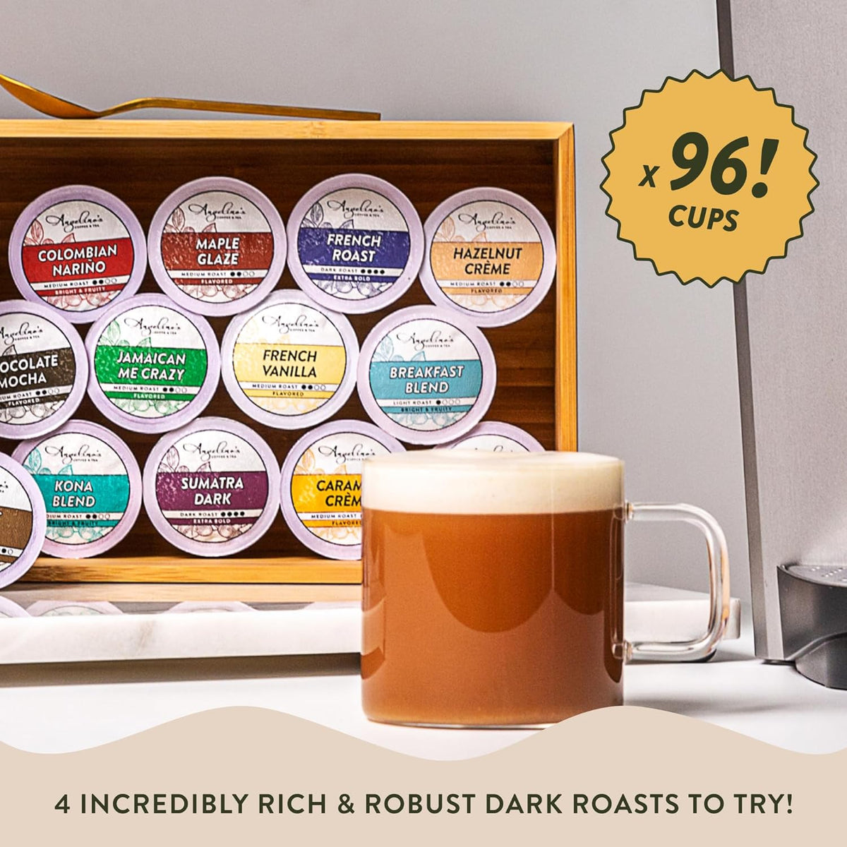 Angelino's Coffee, 96 Count, Compatible with Keurig 2.0 K-Cup Brewers (Dark Roast Variety, 96 Count)