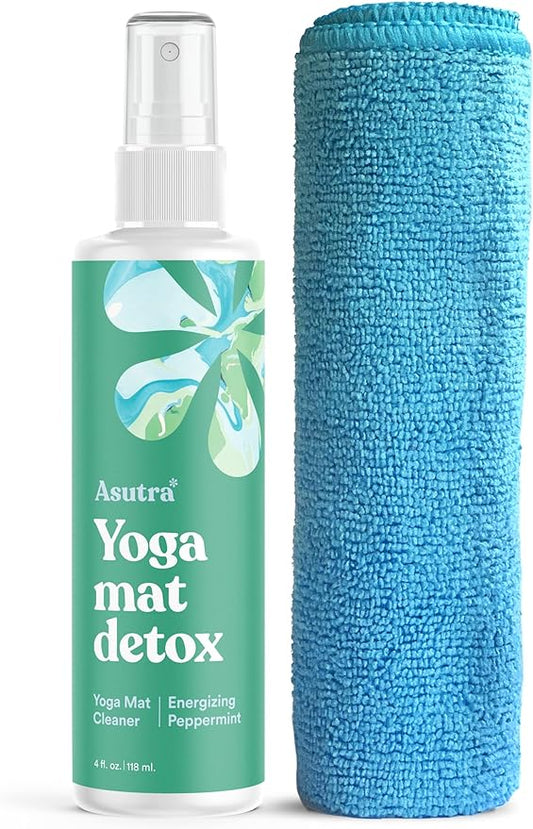 ASUTRA Yoga Mat Cleaner Spray (Energizing Peppermint), 4 fl oz - No Slippery Residue, Organic Essential Oils, Deep-Cleansing for Fitness Gear & Gym Equipment, Microfiber Towel Included