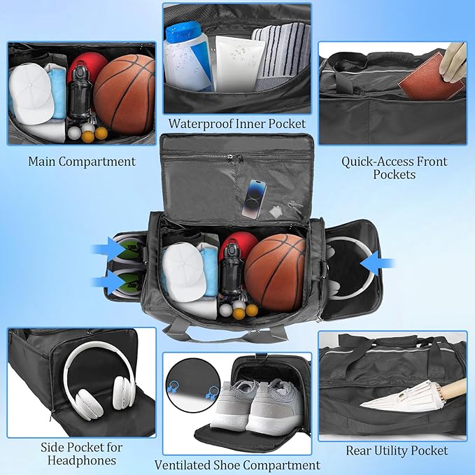 ORKELS Gym Bag with Shoe Compartment, 29L Sports Duffle Bag for Men and Women, Travel Backpack with Wet Pocket, Tear-Resistant Overnight Bag for Fitness, Workout, and Travel