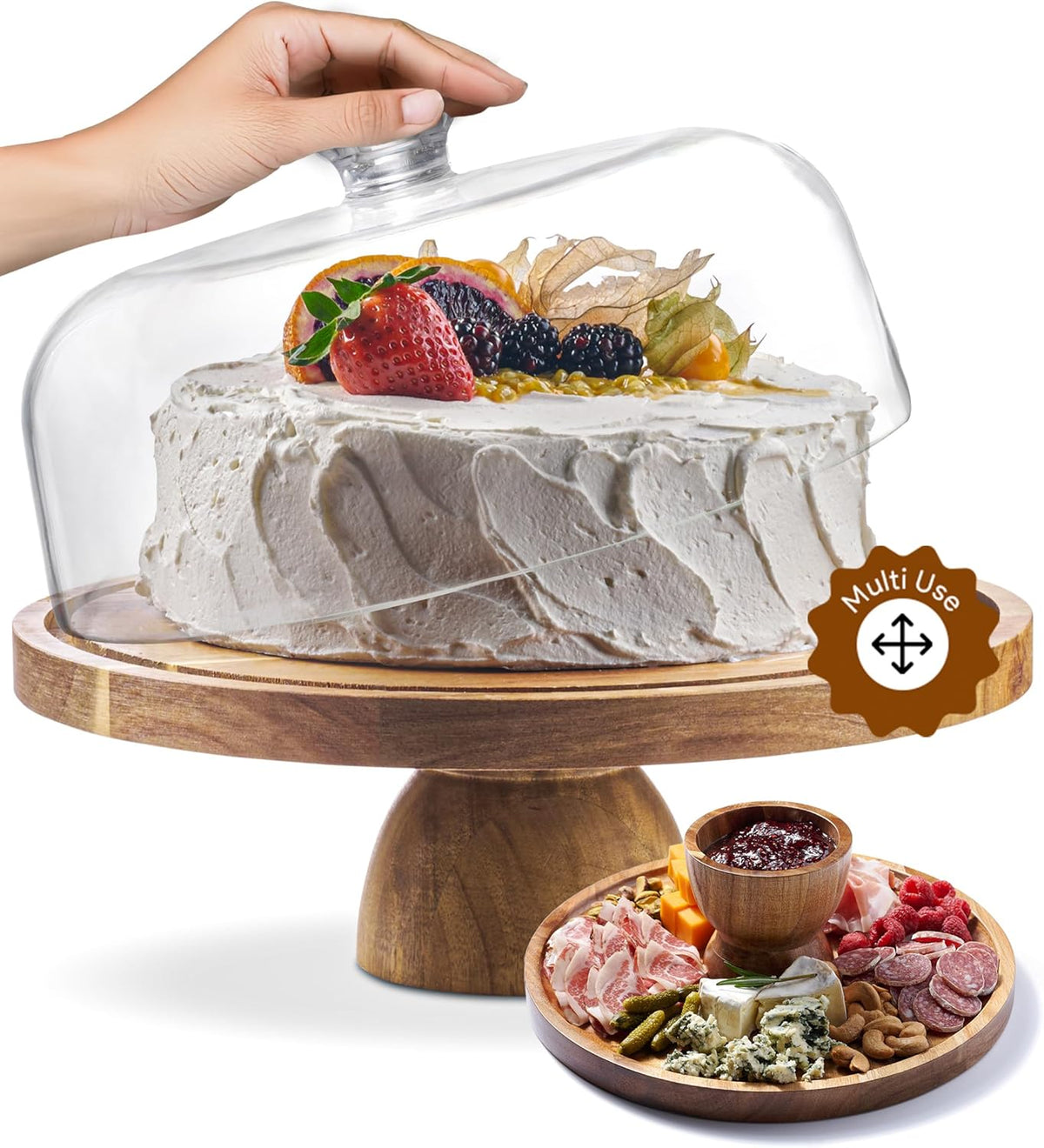 Acacia Wood Cake Stand with Lid - 12in Round Cake Holder, 2-in-1 Dessert Table Display Set & Charcuterie Board for Cheese, Chips & Dips, Nachos, Fruit Platter, Large Acrylic Cake Dome Cover