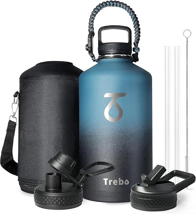 Trebo One Gallon Water Bottle Insulated with Paracord Handle,128oz Large Stainless Steel Water Jug,Vacuum Double Wall Insulated 24hr Cold Retention,Leakproof Flask with 3 Lids,Indigo Black