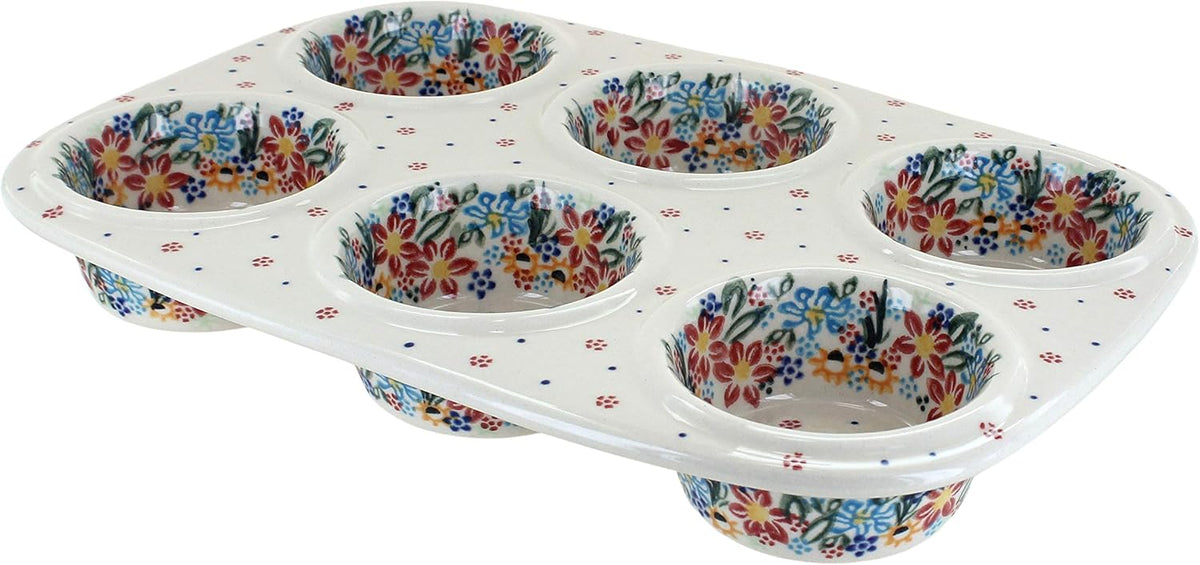 Blue Rose Polish Pottery - Blue Tara Muffin Pan - 12" x 8" - Ceramic Baking Dish, 6-Cup Muffin & Cupcake Pan